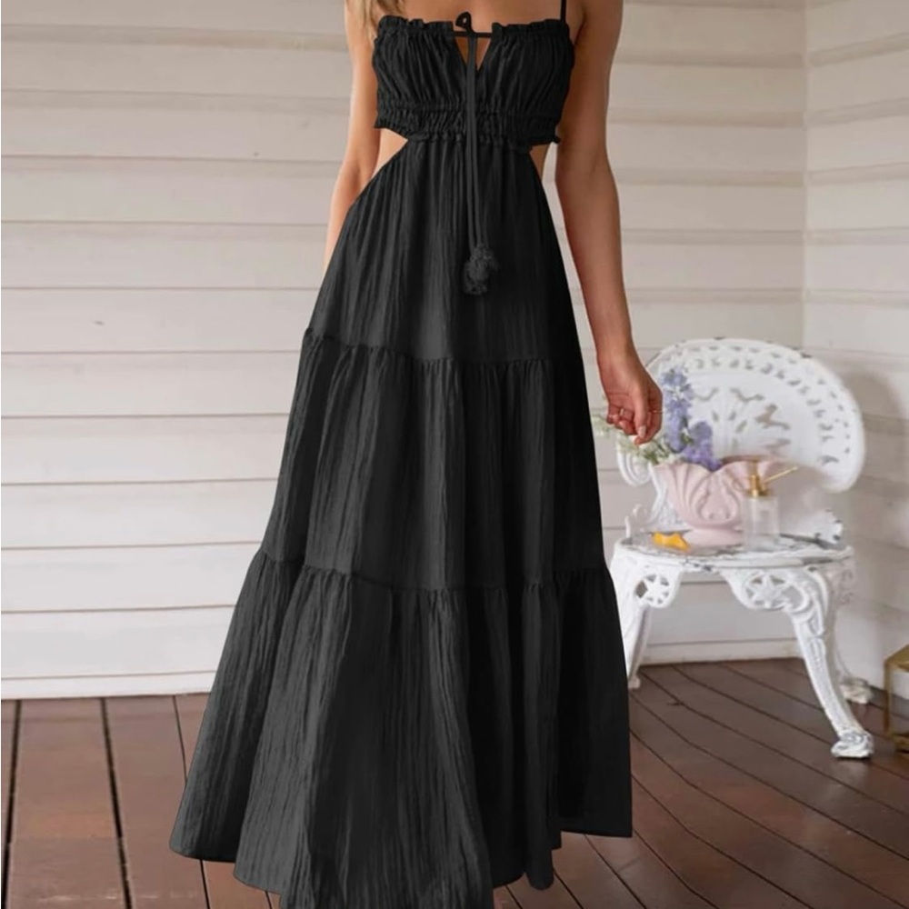 Backless Black Maxi Dress with Tie Front